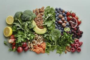 ai generiert sortiert frisch Früchte und Gemüse organisiert durch Farbe auf eben legen Komposition foto