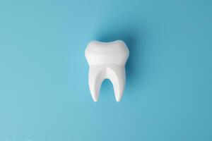 Weiß gesund Zahn Modell- auf Blau Hintergrund mit Kopieren Raum foto