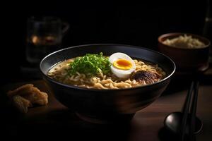 ai generiert japanisch Ramen Suppe mit Huhn, Ei, Schnittlauch und sprießen auf dunkel hölzern. neural Netzwerk ai generiert foto