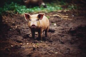 ai generiert ökologisch Schweine und Ferkel beim das inländisch Bauernhof, Schweine beim Fabrik. neural Netzwerk ai generiert foto