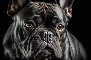 ai generiert Porträt von Hund Französisch Bulldogge auf schwarz Hintergrund. neural Netzwerk ai generiert foto