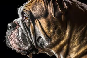 ai generiert Porträt von ein alt Englisch Bulldogge auf ein schwarz Hintergrund. neural Netzwerk ai generiert foto