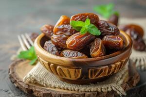 ai generiert getrocknet Datum Palme Früchte oder Kurma, Ramadan Ramazan Essen foto