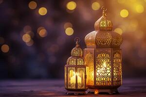 ai generiert Gold Ramadan Laterne und Kerzen. Lampe mit Arabisch Dekoration foto