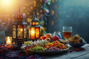 ai generiert Muslim Ramadan Mubarak iftar Tabelle zeigt an Ramadan Lebensmittel und Laterne Licht mit heilig Monat eid Mubarak Konzept Hintergrund foto