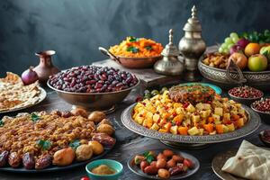 ai generiert ein Tabelle geschmückt mit iftar Delikatessen mögen Termine foto