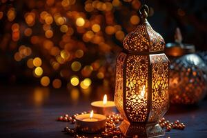 ai generiert Gold Ramadan Laterne und Kerzen. Lampe mit Arabisch Dekoration foto