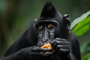 ai generiert mit Haube schwarz Makaken Essen Sulawesi mit Haube Makaken, Welt Tierwelt Tag foto
