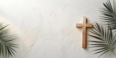ai generiert minimalistisch Kreuz und Palme Blätter Ostern Hintergrund foto