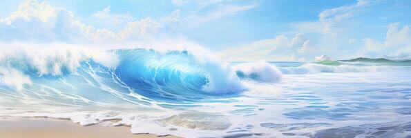 ai generiert schön sandig Strand und Sanft Blau Ozean Welle realistisch Fotografie foto