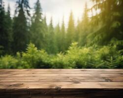 ai generiert Anzeige hölzern Tafel mit verschwommen Wald Hintergrund foto