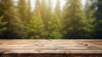 ai generiert Anzeige hölzern Tafel mit verschwommen Wald Hintergrund foto