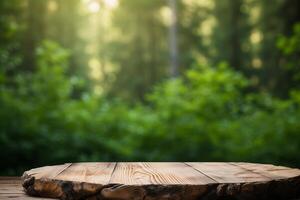 ai generiert Anzeige hölzern Tafel mit verschwommen Wald Hintergrund foto