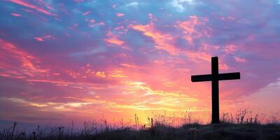 ai generiert treu Sonnenuntergang, Ostern Kreuz Silhouette Himmel foto