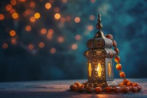 ai generiert Aladdin Lampe von wünscht sich, Termine, Muslim Laterne und Gebet Perlen zum Ramadan auf dunkel Hintergrund foto