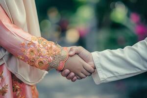 ai generiert asiatisch Muslim Elternteil Shake Hand im idul fitri eid Mubarak foto