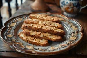 ai generiert Biscotti mit Mandeln auf ein hölzern Tabelle foto