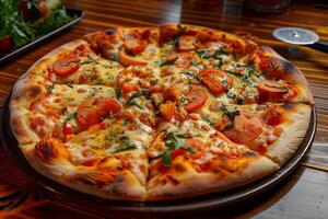 ai generiert Pizza mit Salami, Mozzarella Käse, Tomaten und Kräuter foto