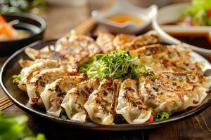 ai generiert gegrillt Gyoza Knödel serviert auf ein Teller foto