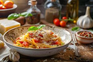 ai generiert Spaghetti Pasta mit Tomate Soße, Mozzarella Käse und frisch Basilikum im Teller auf hölzern Hintergrund foto