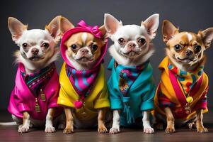 ai generiert Chihuahua im bunt Kleidung, gefüttert hoch, ausstrahlen Persönlichkeit und Mode nach vorne Denken, ai generativ foto