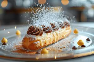 ai generiert Französisch Eclair übergossen mit Schokolade auf ein Glas Teller foto