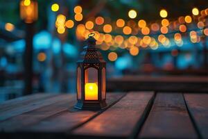 ai generiert abstrakt Kerze Laterne Licht auf Holz Tabelle im verwischen Bokeh Kneipe Restaurant Abendessen Hintergrund Konzept zum Ramadan kareem Nacht Leben foto
