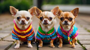 ai generiert Chihuahua im bunt Kleidung, gefüttert hoch, ausstrahlen Persönlichkeit und Mode nach vorne Denken, ai generativ foto