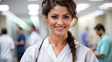 ai generiert International Arzt Tag, schön Krankenschwester Arbeiten beim das Krankenhaus. Porzellan Gesicht, ling braun Haar gebunden oben foto