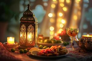 ai generiert Muslim Ramadan Mubarak iftar Tabelle zeigt an Ramadan Lebensmittel und Laterne Licht mit heilig Monat eid Mubarak Konzept Hintergrund foto