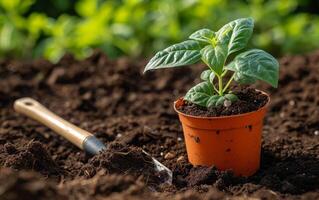 ai generiert Gartenarbeit Werkzeuge auf das Boden foto