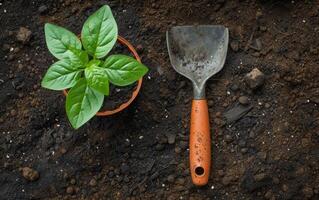 ai generiert Gartenarbeit Werkzeuge auf das Boden foto