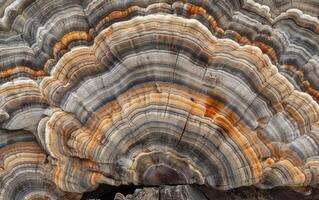 ai generiert Pilze auf hölzern Baum Kofferraum Planke foto