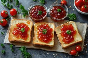 ai generiert Toast mit Früchte Marmelade auf Küche Tabelle Fachmann Werbung Essen Fotografie foto