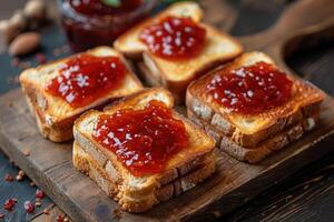 ai generiert Toast mit Früchte Marmelade auf Küche Tabelle Fachmann Werbung Essen Fotografie foto