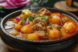 ai generiert pozole Mexikaner Essen im das Küche Tabelle Fachmann Werbung Essen Fotografie foto