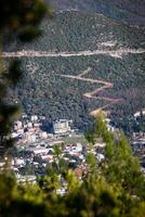 schön Berg Aussicht durch das Bäume Über das Stadt von Budva im Winter. Zickzack- Straße hoch. Vertikale. Europa, budva, Montenegro. foto