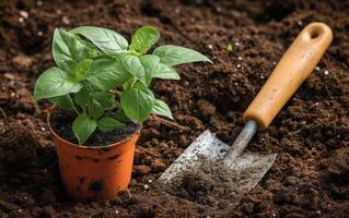 ai generiert Gartenarbeit Werkzeuge auf das Boden foto