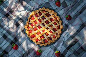 ai generiert oben Aussicht von Erdbeere Kuchen mit Beeren auf kariert Tischdecke zum Sommer- Picknick. Sommer draussen Erholung mit Backen und Süss Lebensmittel. Frühling Sonne Strahlen auf Decke foto