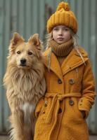 ai generiert Mädchen und Hund im warm Kleider foto
