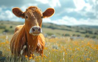 ai generiert braun Kuh ist Lügen im Feld von Gelb Blumen foto