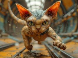 ai generiert Sphynx Katze Laufen auf das Eisenbahn foto