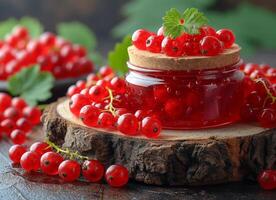 ai generiert rot Johannisbeere Marmelade im Glas Krug und frisch Beeren auf dunkel hölzern Hintergrund foto