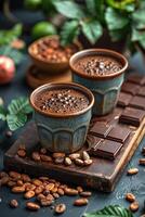 ai generiert foto de heiß Schokolade mit geröstet Kaffee Bohnen Schokolade Riegel und frisch Früchte