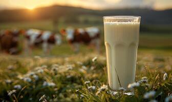 ai generiert Glas von Milch auf Wiese mit Kühe im das Hintergrund foto