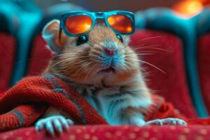 ai generiert Hamster ist tragen Sonnenbrille und Sitzung im Stuhl foto