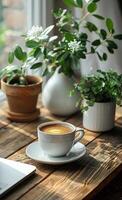 ai generiert Tasse von Kaffee steht auf hölzern Tabelle Nächster zu Laptop und eingetopft Pflanze foto