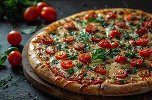 ai generiert frisch gebacken Vegetarier Pizza mit Kirsche Tomaten Spinat und Käse auf hölzern Tafel foto