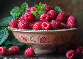 ai generiert Himbeeren im Schüssel. ein wild Himbeeren im ein Schüssel mit Blätter Nächster zu Sie foto