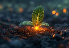 ai generiert jung Pflanze wachsend im das Morgen Licht und Neu Leben Energie foto